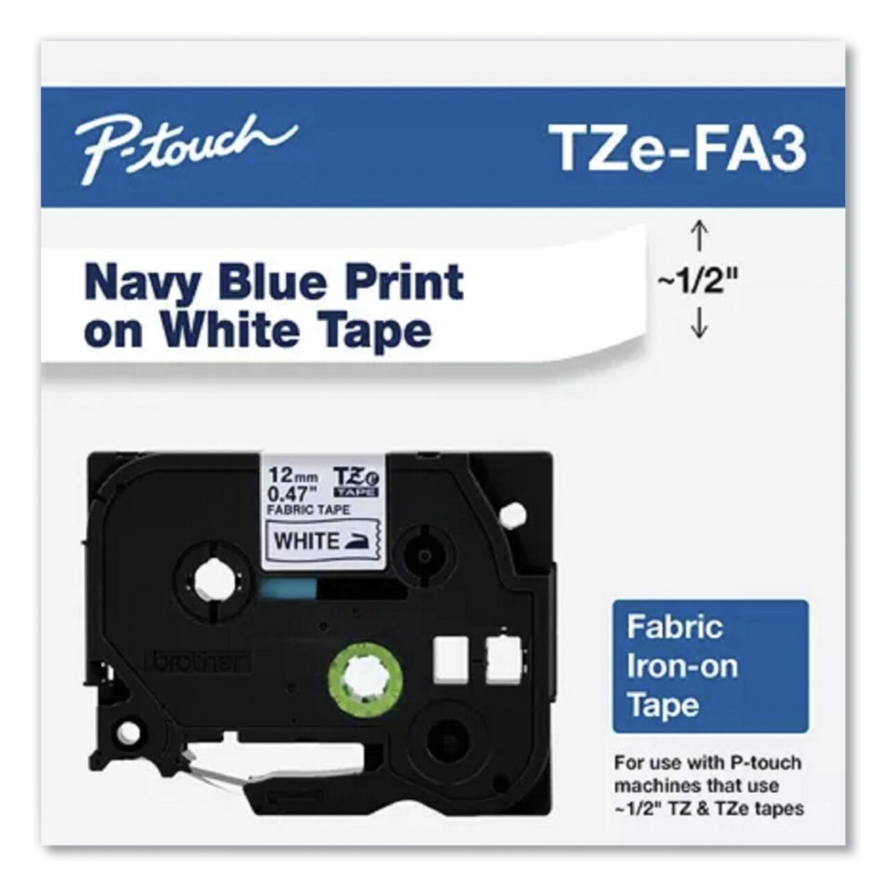 Brother P-Touch 0.47 in. x 9.8 ft. TZ Industrial Series Fabric Iron-On Tape - Navy on White